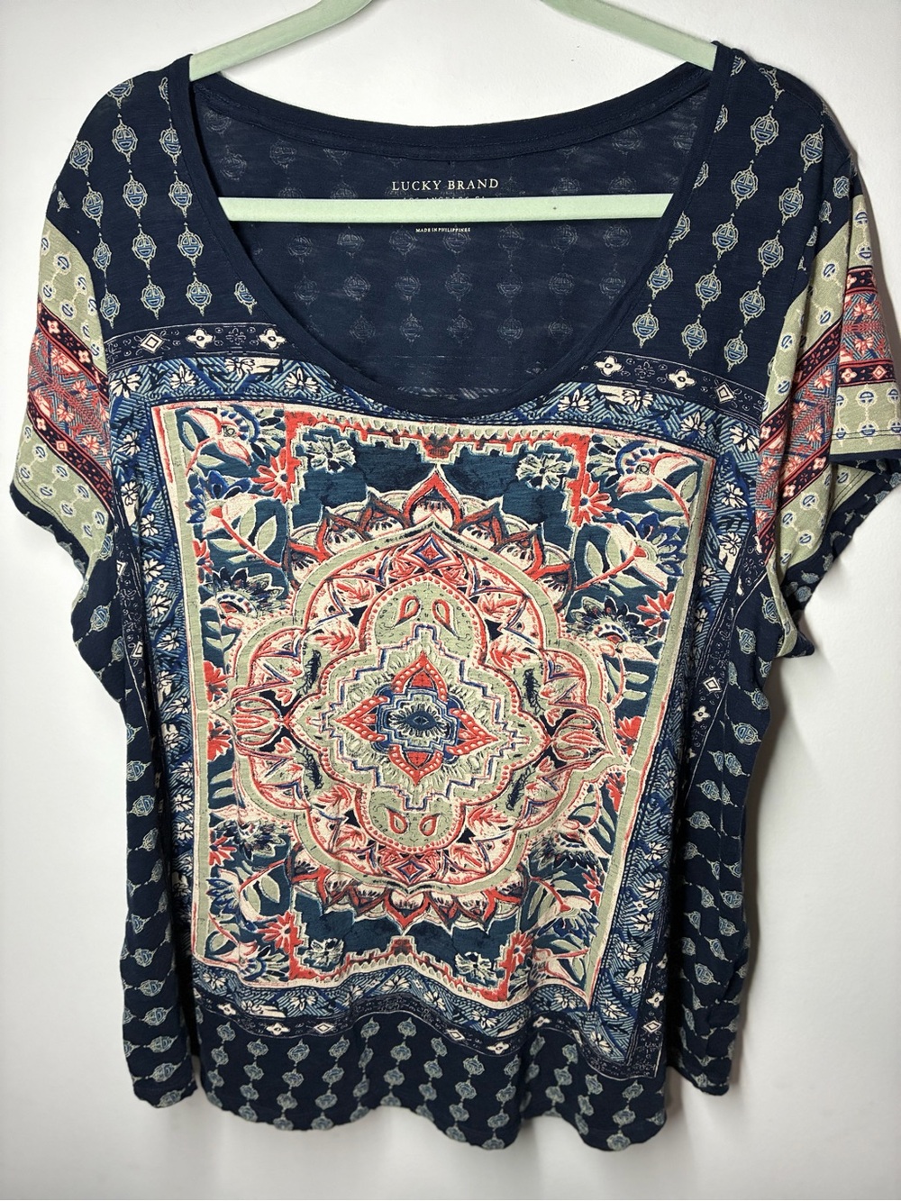 Lucky Brand Navy Blue Floral Medallion Tee with Coral and Sage Accents